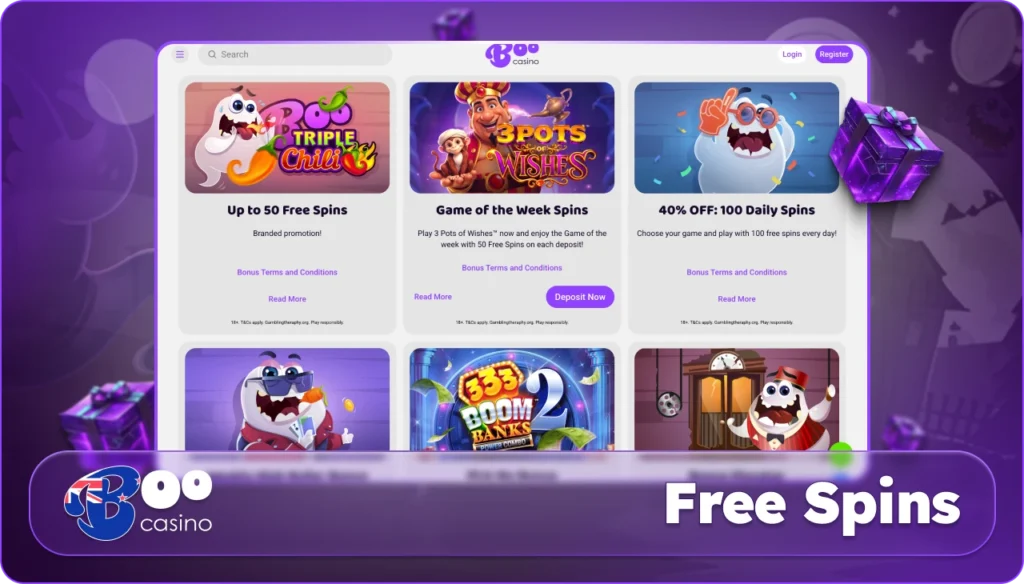 Free spins offers at Boo Casino including terms, features and activation details