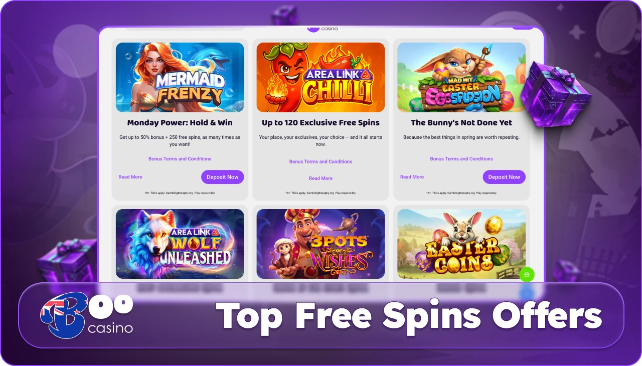 Current free spins promotions available at Boo Casino for different slot games